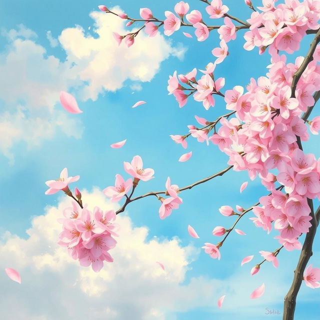 A beautiful cherry blossom tree in full bloom, showcasing delicate pink flowers with a stunning background of soft blue sky and fluffy white clouds