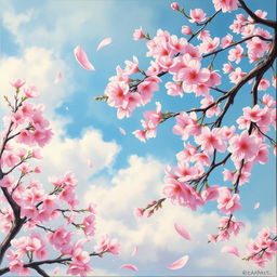 A beautiful cherry blossom tree in full bloom, showcasing delicate pink flowers with a stunning background of soft blue sky and fluffy white clouds