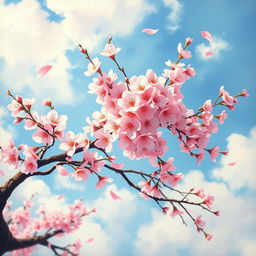 A beautiful cherry blossom tree in full bloom, showcasing delicate pink flowers with a stunning background of soft blue sky and fluffy white clouds