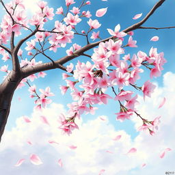 A beautiful cherry blossom tree in full bloom, showcasing delicate pink flowers with a stunning background of soft blue sky and fluffy white clouds