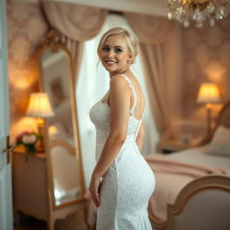 A slim but curvy 19-year-old girl with blond hair, soft facial features, and a charming half smile, complemented by pink lipstick and blue frosted eye shadow