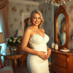 A slim but curvy 19-year-old girl with blond hair, soft facial features, and a charming half smile, complemented by pink lipstick and blue frosted eye shadow