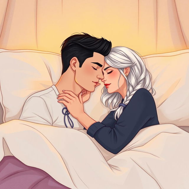 A man in his early twenties, clean shaven with slick black hair, and a woman in her early twenties with long white hair styled in a single braid, sharing an intimate moment on a cozy bed