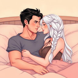 A man in his early twenties, clean shaven with slick black hair, and a woman in her early twenties with long white hair styled in a single braid, sharing an intimate moment on a cozy bed