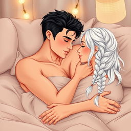 A man in his early twenties, clean shaven with slick black hair, and a woman in her early twenties with long white hair styled in a single braid, sharing an intimate moment on a cozy bed