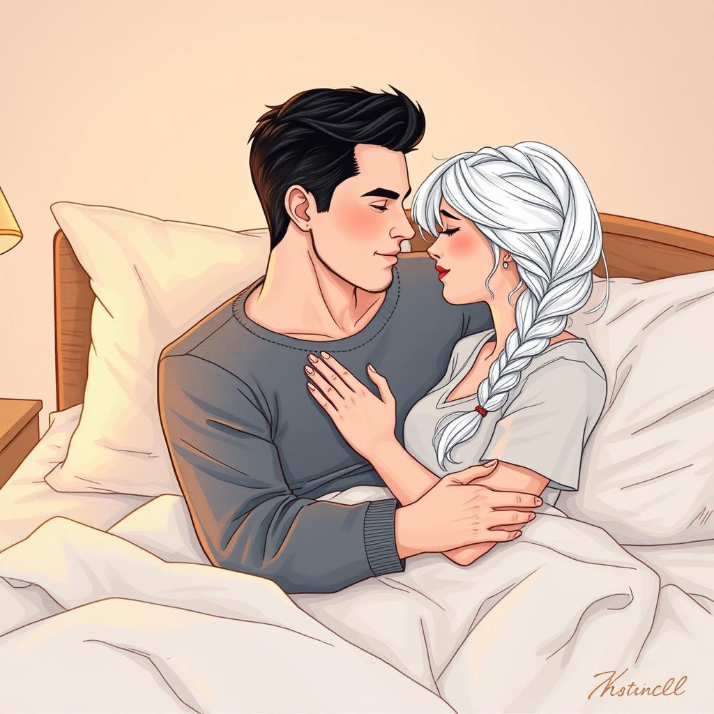 A man in his early twenties, clean shaven with slick black hair, and a woman in her early twenties with long white hair styled in a single braid, sharing an intimate moment on a cozy bed