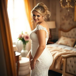 A slim but curvy 19-year-old girl with blond hair styled in an elegant updo, soft facial features, and a charming half-smile