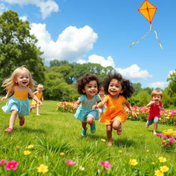 A joyful scene of adorable children playing in a sunny park, surrounded by vibrant green grass and colorful flowers