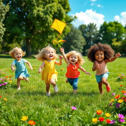 A joyful scene of adorable children playing in a sunny park, surrounded by vibrant green grass and colorful flowers