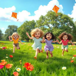 A joyful scene of adorable children playing in a sunny park, surrounded by vibrant green grass and colorful flowers