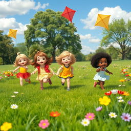 A joyful scene of adorable children playing in a sunny park, surrounded by vibrant green grass and colorful flowers