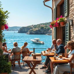 A charming old Italian café by the seaside, with rustic wooden furniture and colorful flower boxes on the windowsills