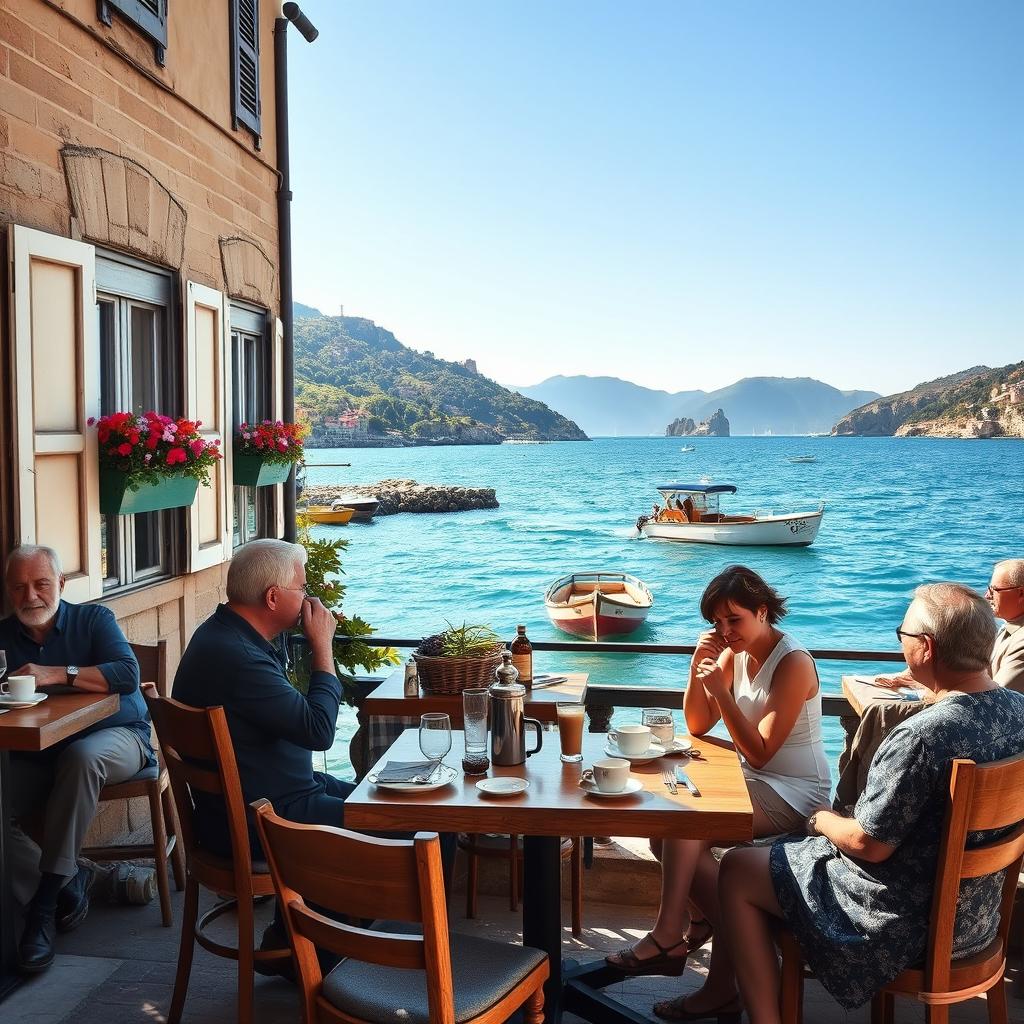 A charming old Italian café by the seaside, with rustic wooden furniture and colorful flower boxes on the windowsills