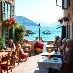 A charming old Italian café by the seaside, with rustic wooden furniture and colorful flower boxes on the windowsills