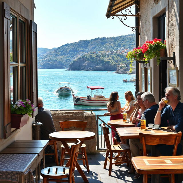 A charming old Italian café by the seaside, with rustic wooden furniture and colorful flower boxes on the windowsills