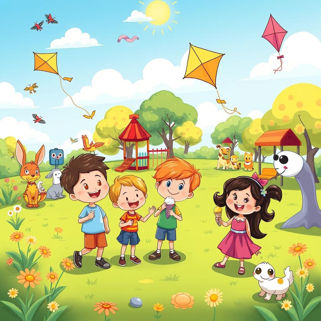 A cheerful cartoon scene featuring colorful and playful characters that children love, such as friendly animals, whimsical creatures, and a vibrant landscape