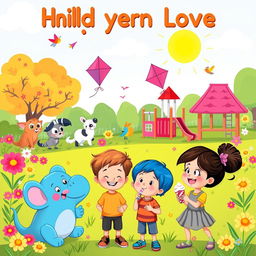 A cheerful cartoon scene featuring colorful and playful characters that children love, such as friendly animals, whimsical creatures, and a vibrant landscape