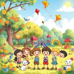A cheerful cartoon scene featuring colorful and playful characters that children love, such as friendly animals, whimsical creatures, and a vibrant landscape