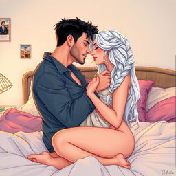 A passionate make-out scene between a man in his early twenties, clean shaven with black hair, and a woman also in her early twenties with long white hair styled in a single braid