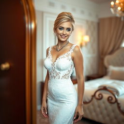 A slim but curvy 19-year-old girl with blond hair styled in an elegant updo, featuring soft facial features and a charming half-smile