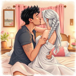 A romantic scene depicting a young man in his early twenties, clean-shaven with striking black hair, and a young woman in her early twenties with beautiful white hair styled in a single braid