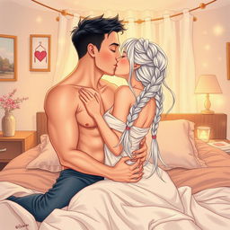 A romantic scene depicting a young man in his early twenties, clean-shaven with striking black hair, and a young woman in her early twenties with beautiful white hair styled in a single braid