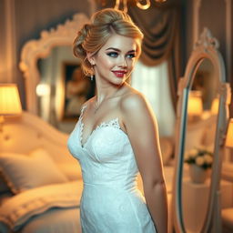 A slim but curvy 19-year-old girl with blond hair styled in an elegant updo, showcasing soft facial features and a charming half-smile