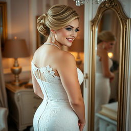 A slim but curvy 19-year-old girl with blond hair styled in an elegant updo, showcasing soft facial features and a charming half-smile