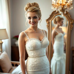 A slim but curvy 19-year-old girl with blond hair styled in an elegant updo, showcasing soft facial features and a charming half-smile