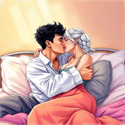 A scene featuring a man in his early twenties, clean-shaven with black hair, and a woman in her early twenties with white hair styled in a single braid