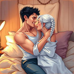 A scene featuring a man in his early twenties, clean-shaven with black hair, and a woman in her early twenties with white hair styled in a single braid