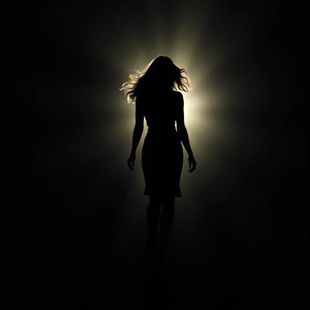 A captivating scene depicting a silhouette of a female figure gracefully walking from darkness into a bright, glowing light