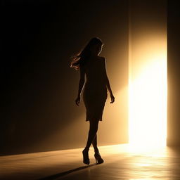 A captivating scene depicting a silhouette of a female figure gracefully walking from darkness into a bright, glowing light