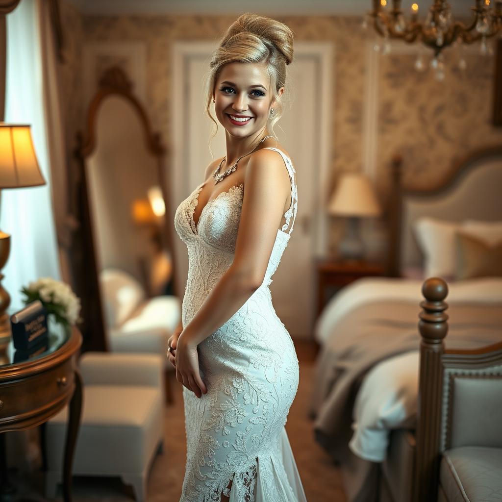 A full-length photograph of a slim but curvy 19-year-old girl with blond hair styled in an elegant updo