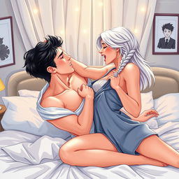 A passionate scene of a clean-shaven man in his early twenties with black hair and a woman in her early twenties with long white hair styled in a single braid