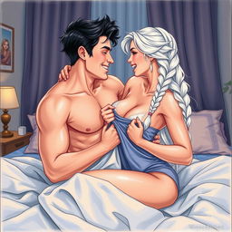 A passionate scene of a clean-shaven man in his early twenties with black hair and a woman in her early twenties with long white hair styled in a single braid