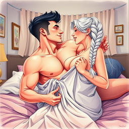 A passionate scene of a clean-shaven man in his early twenties with black hair and a woman in her early twenties with long white hair styled in a single braid