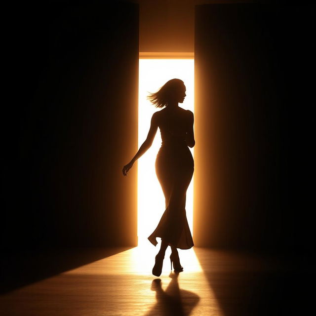 A powerful scene showcasing the silhouette of an African American female figure gracefully walking from darkness into a bright, glowing light