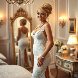 A full-length photograph of a slim but soft curvy girl, 19 years old, with blond hair styled in an elegant updo