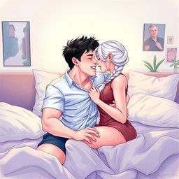 A man in his early twenties, clean shaven with black hair, and a woman in her early twenties with white hair styled in a single braid