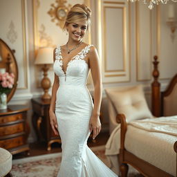 A full-length photograph of a slim but soft curvy 19-year-old girl with blond hair styled in an elegant updo