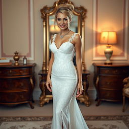 A full-length photograph of a slim but soft curvy 19-year-old girl with blond hair styled in an elegant updo