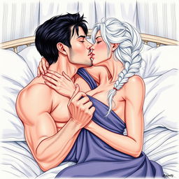 A passionate scene of a man in his early twenties with clean shaven face and sleek black hair, and a woman in her early twenties, featuring striking white hair styled in a single braid