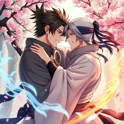 A dynamic and artistic representation of two male ninja characters in an intimate and romantic setting, showcasing a passionate bond between them