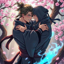 A dynamic and artistic representation of two male ninja characters in an intimate and romantic setting, showcasing a passionate bond between them