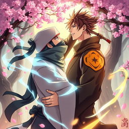 A dynamic and artistic representation of two male ninja characters in an intimate and romantic setting, showcasing a passionate bond between them