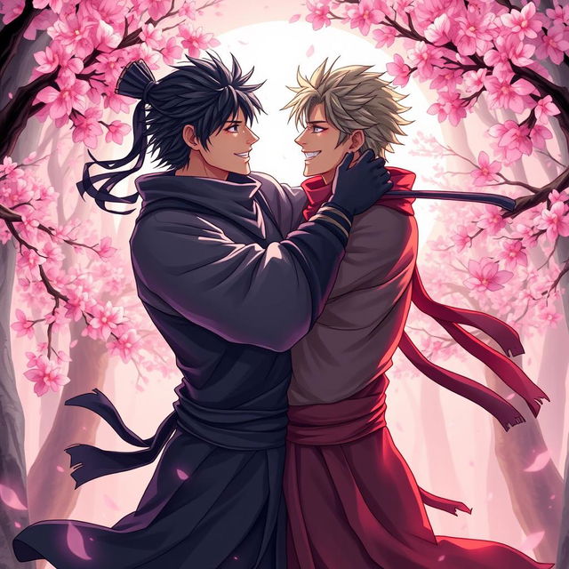 A dynamic and artistic representation of two male ninja characters in an intimate and romantic setting, showcasing a passionate bond between them