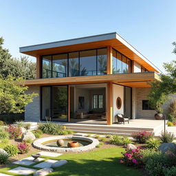 An elegant modern architectural house design featuring large glass windows, a sleek flat roof, and a combination of wood and stone exterior