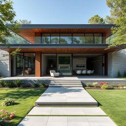 An elegant modern architectural house design featuring large glass windows, a sleek flat roof, and a combination of wood and stone exterior