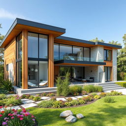 An elegant modern architectural house design featuring large glass windows, a sleek flat roof, and a combination of wood and stone exterior